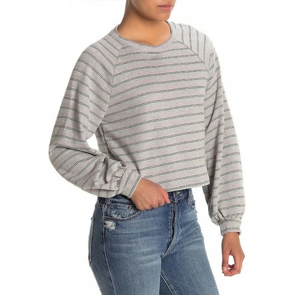 Lush Tops - Lush Women's Sweater in Heather Gray Pink Striped Balloon Sleeve 